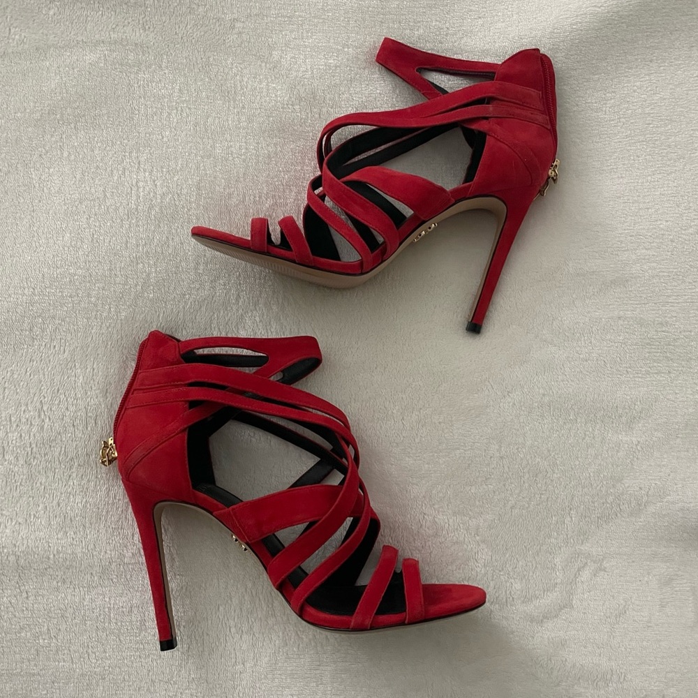 Zvelle Red Strappy Stiletto Heels w/ Hamsa charm